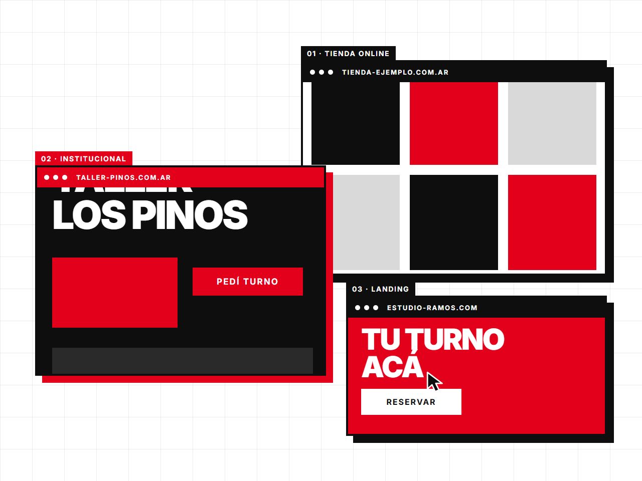 Tres páginas web de ejemplo: tienda, institucional y landing